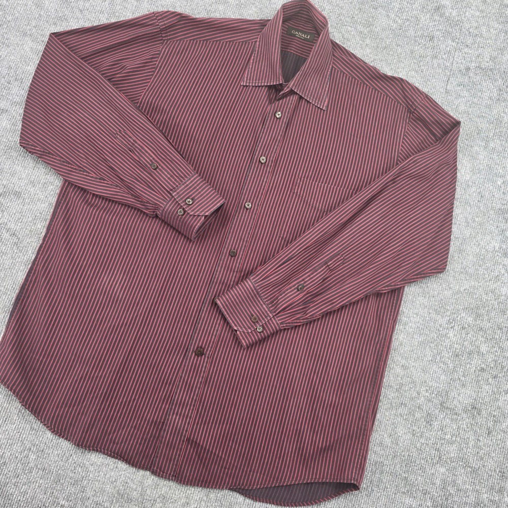 Canali Mens Striped Button Down Shirt Burgundy Navy Blue Cotton Made in Italy